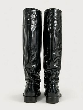 Chanel Patent Leather Knee-High Boots with Embossed Logo
